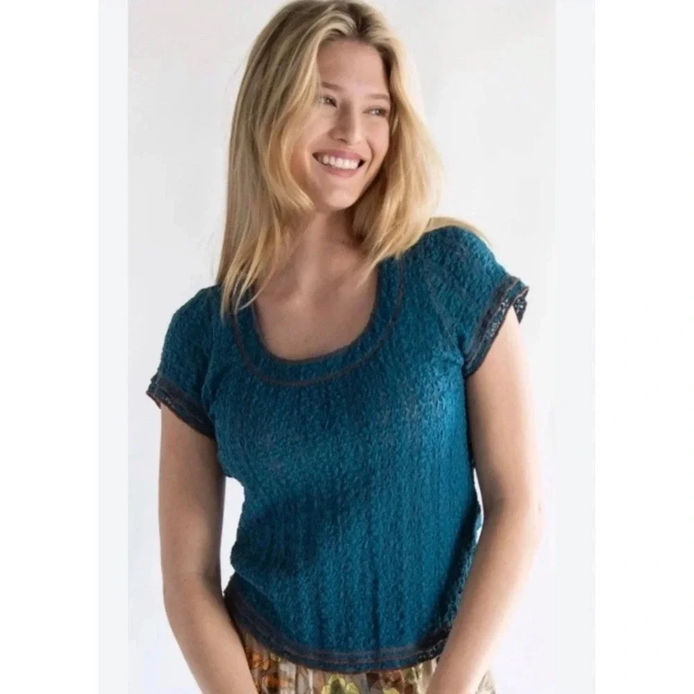 Natural Life Women Medium Teal Blue Lace Textured Knit Scoop Neck Boho Top